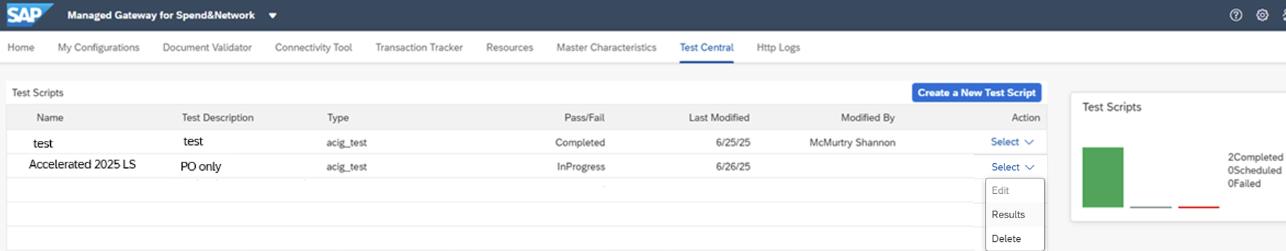 Test Central Dashboard — showing submitted test scripts and their status
